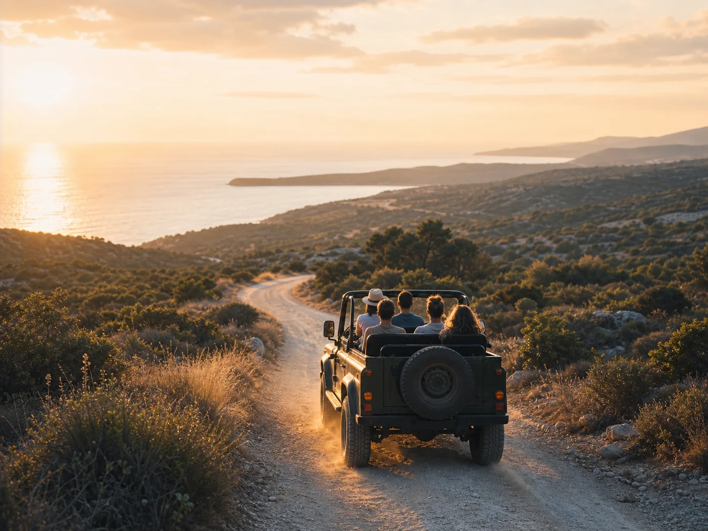 Jeep safari returning through Akamas at golden hour